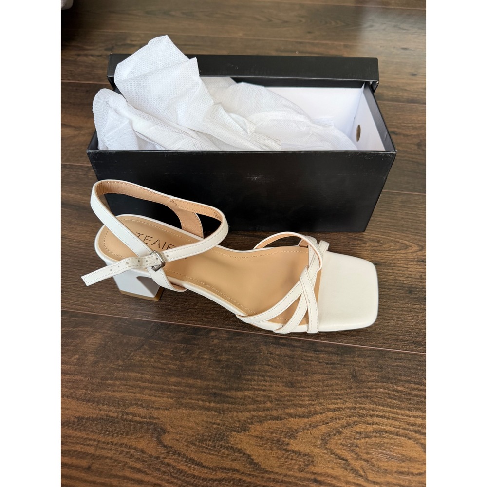 TEAIEUI Womens White Strappy Low Block Heel Sandals Square Toe Ankle Strap 6.5